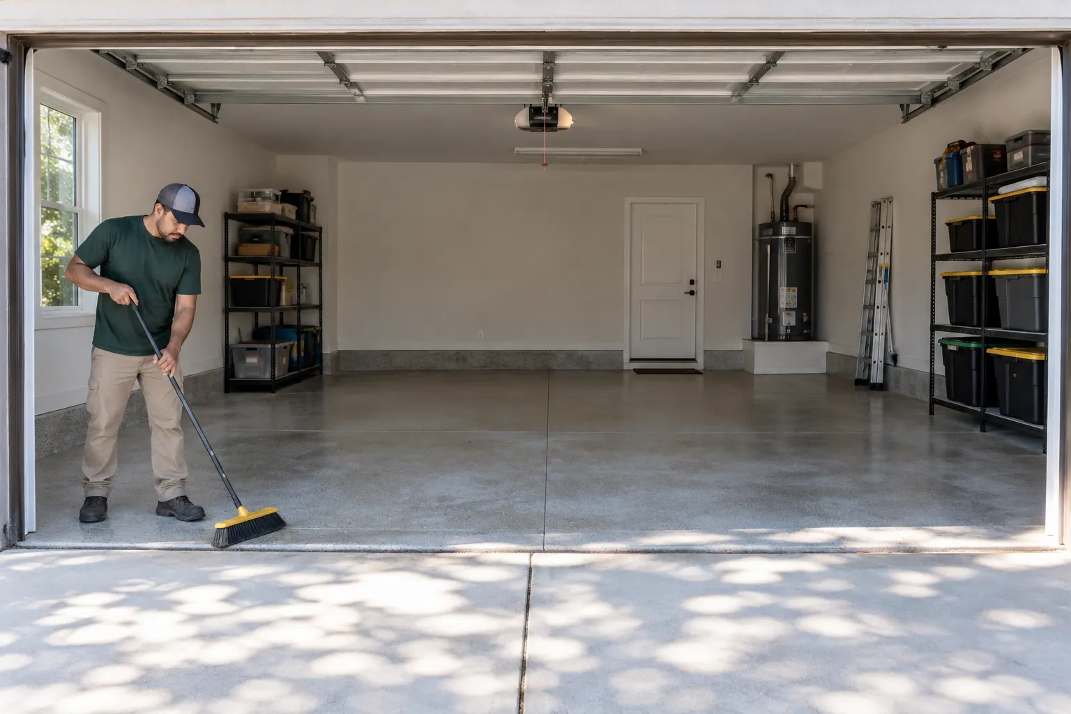 A worker sweeping a cleared two-car garage