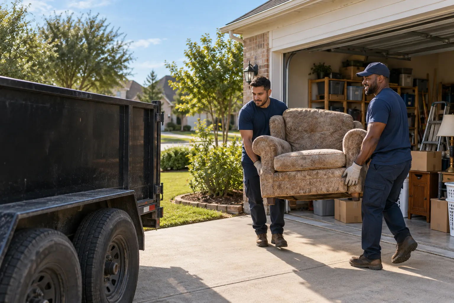 Two workers carrying an old chair from a residential garage