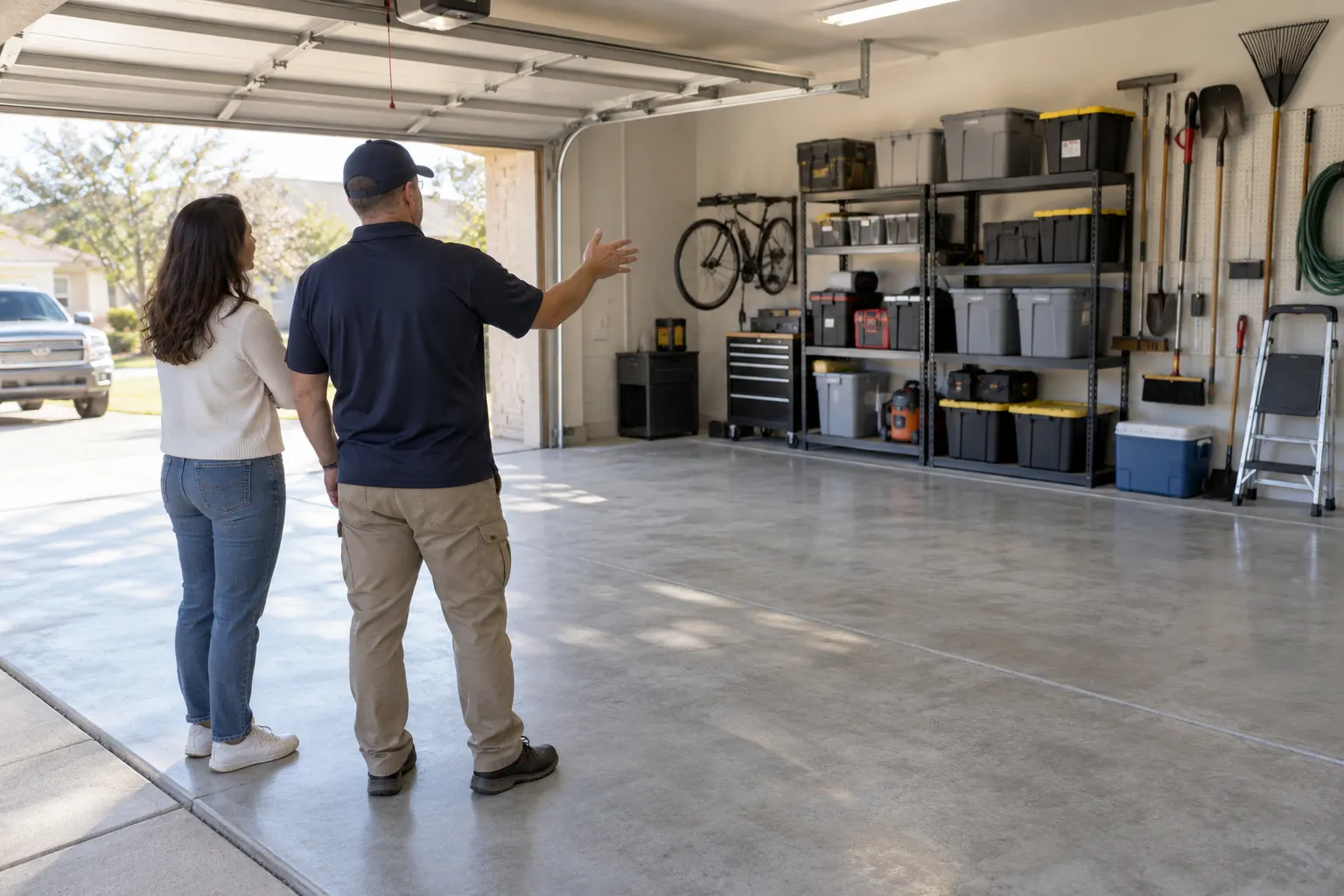 A homeowner reviewing a cleared garage storage area