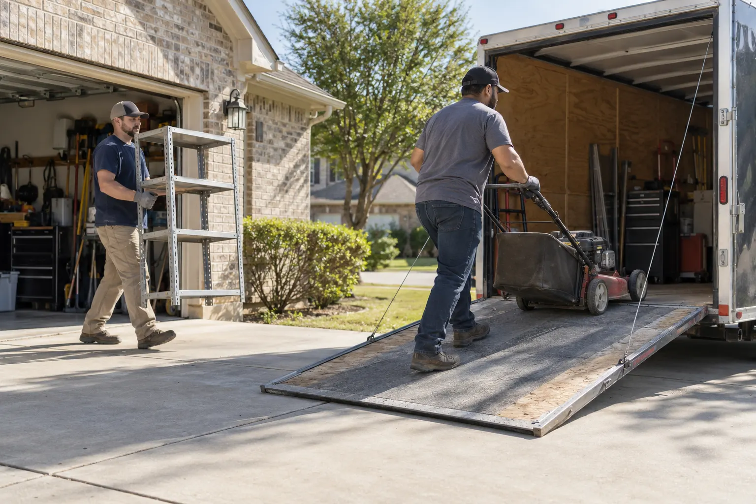 Workers loading an old mower and metal shelf safely